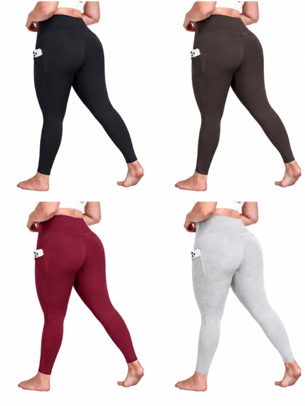 Women’s High-Waist Pocket Leggings - Black, Brown, Burgundy, Light Gray Size 4XL